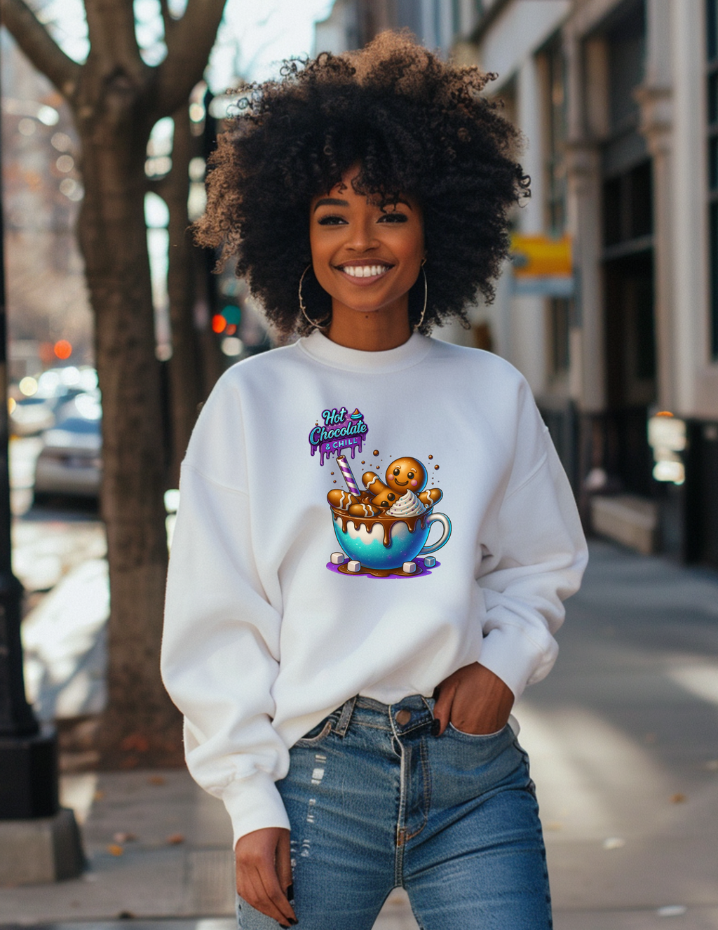 Hot Chocolate & Chill Gingerbread Mug Crewneck (Purple/Teal Version)