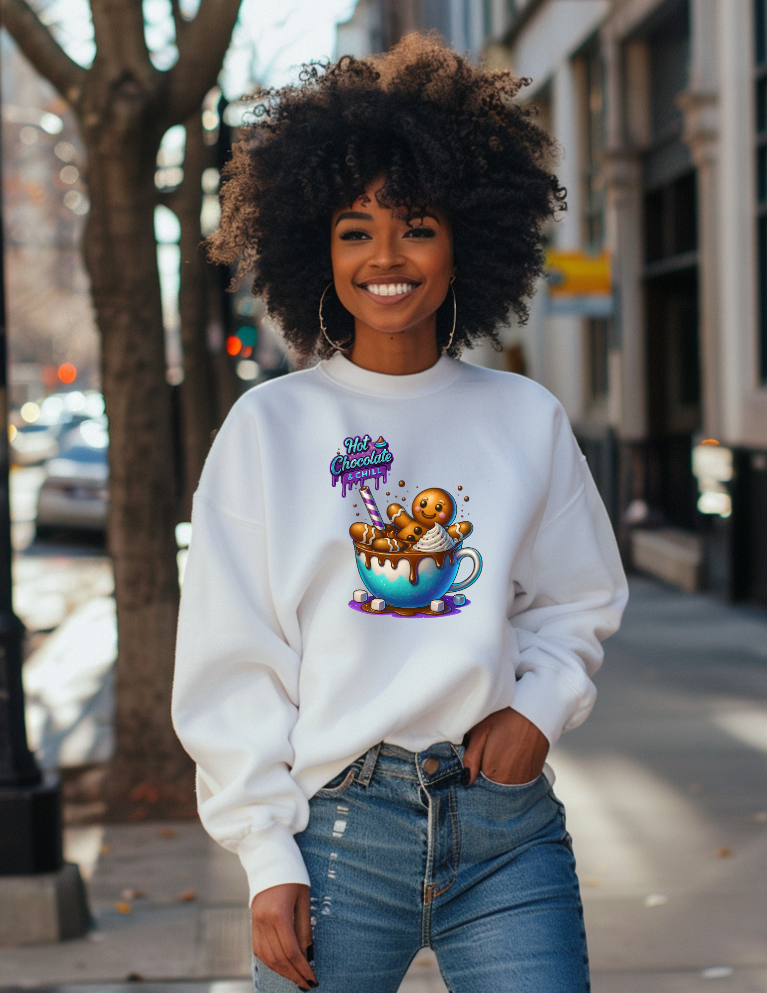Hot Chocolate & Chill Gingerbread Mug Crewneck (Purple/Teal Version)