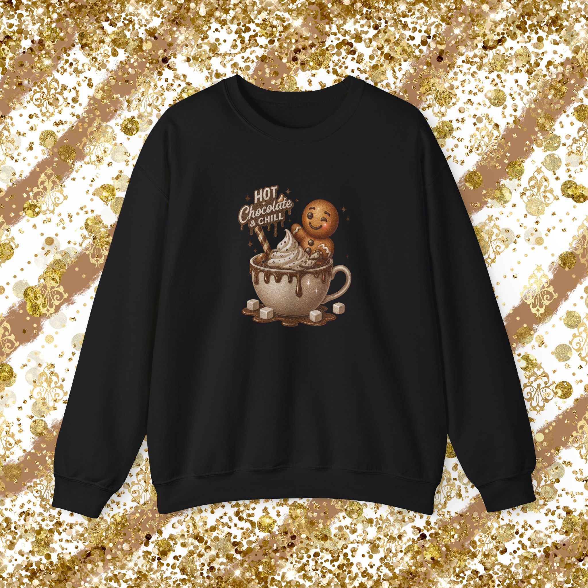 Hot Chocolate & Chill” Gingerbread Mug Crewneck (Brown/Gold Version)